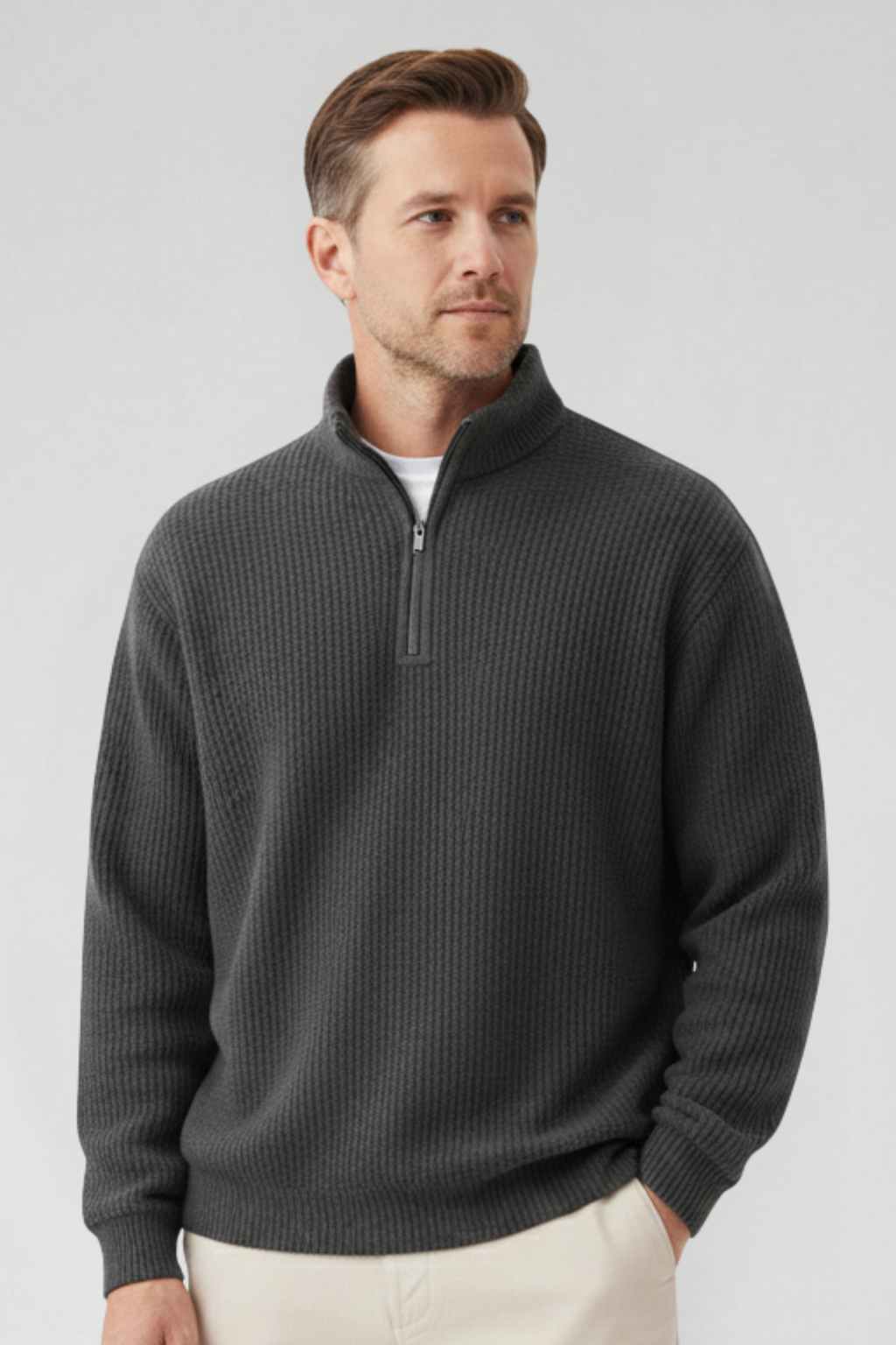 Men's Quarter-Zip Jumper- High Neck and Ribbed Trim