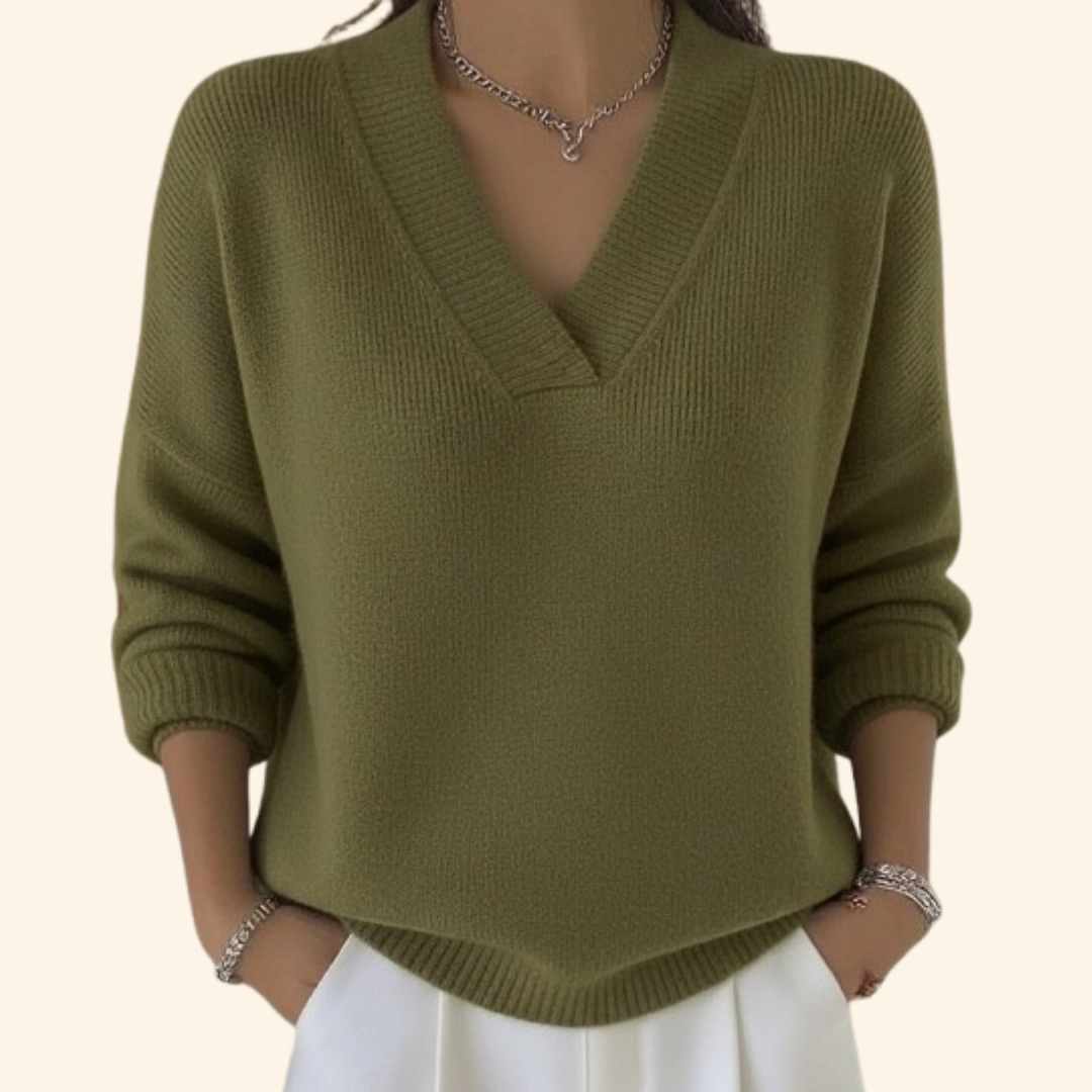 Women's V-Neck Jumper - Relaxed Long-Sleeve Knit