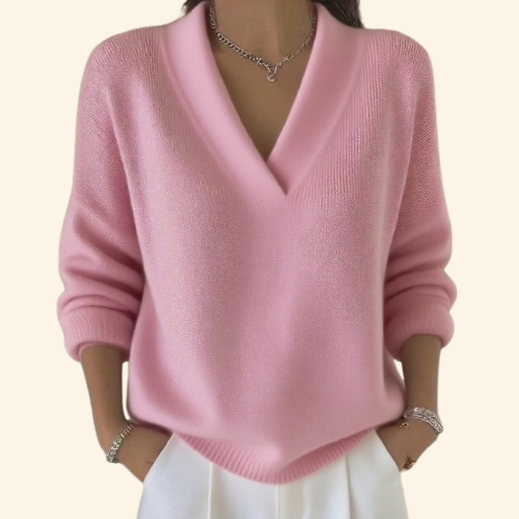 Women's V-Neck Jumper - Relaxed Long-Sleeve Knit