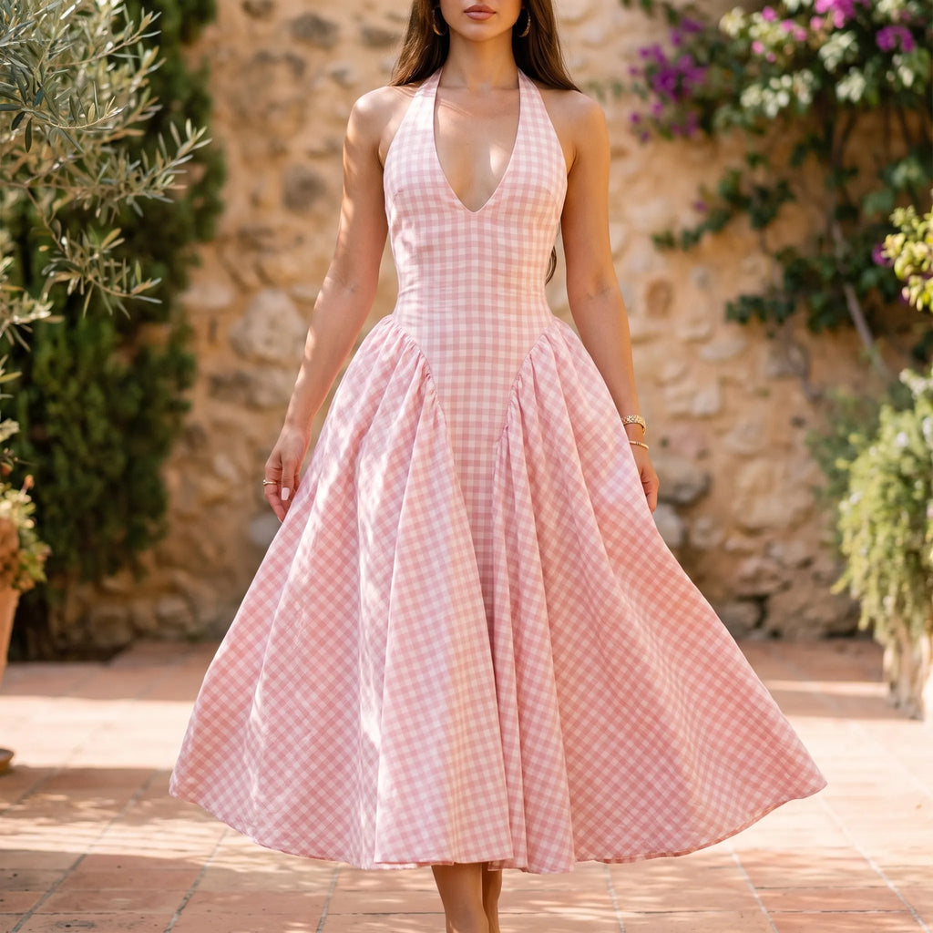PicnicPreppy - Pink Gingham Ladies Summer Midi Dress