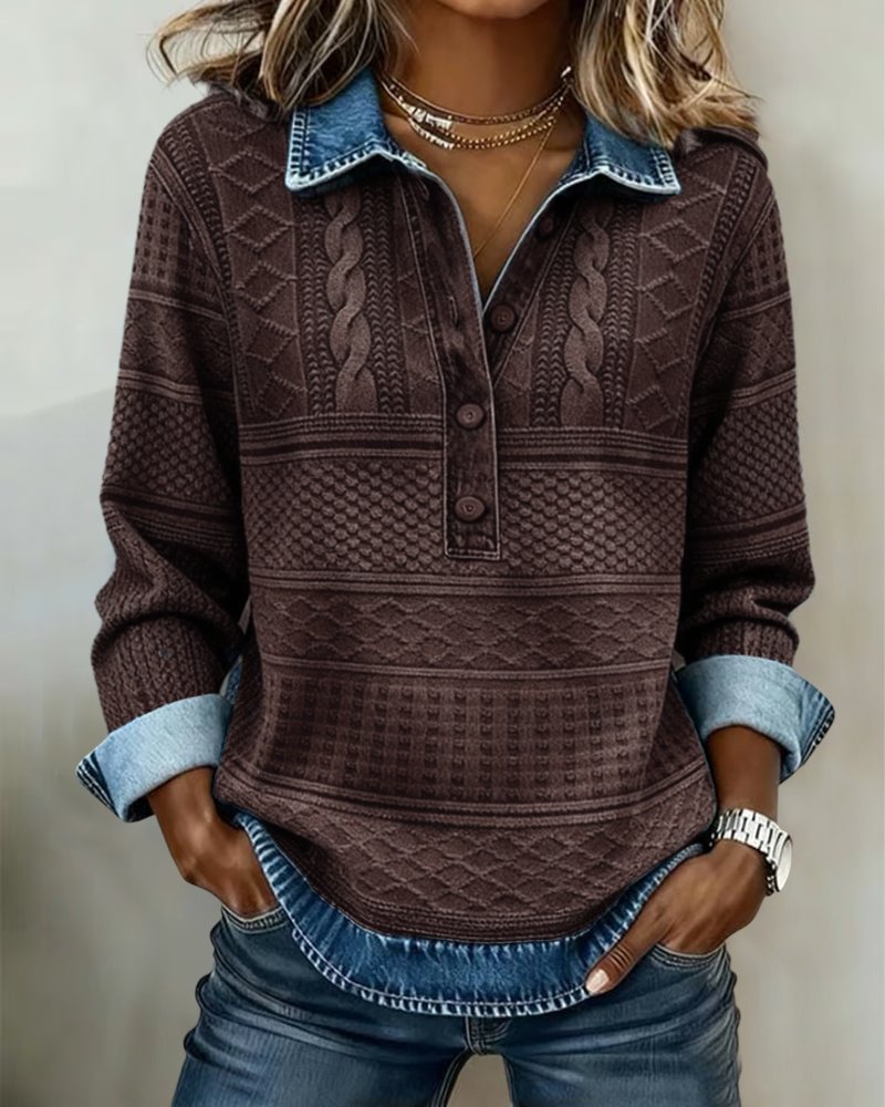 Women's Cable-Knit Sweater - Denim-Collar Button-Placket Top