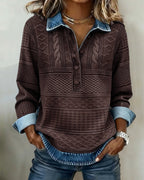 Women's Cable-Knit Sweater - Denim-Collar Button-Placket Top