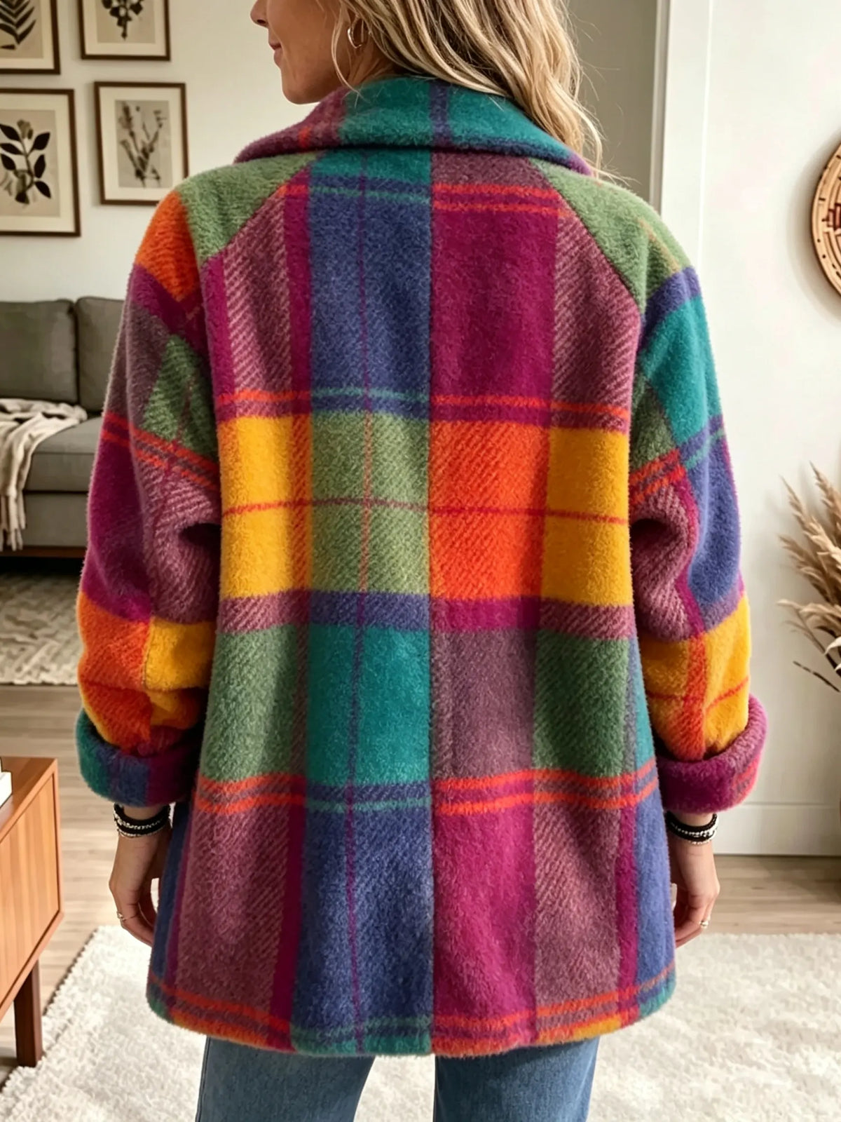 Women's Check Fleece Jacket- Colour-Block Button-Front Coat