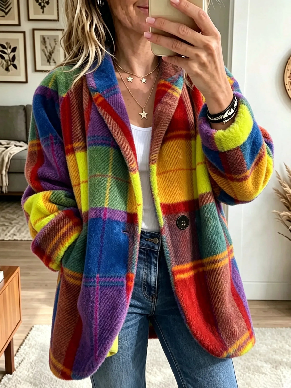 Women's Check Fleece Jacket- Colour-Block Button-Front Coat