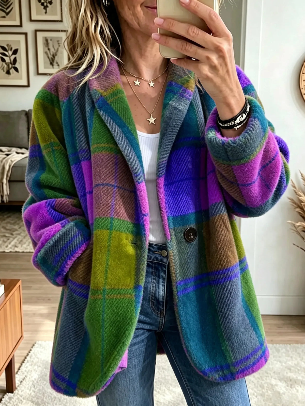 Women's Check Fleece Jacket- Colour-Block Button-Front Coat