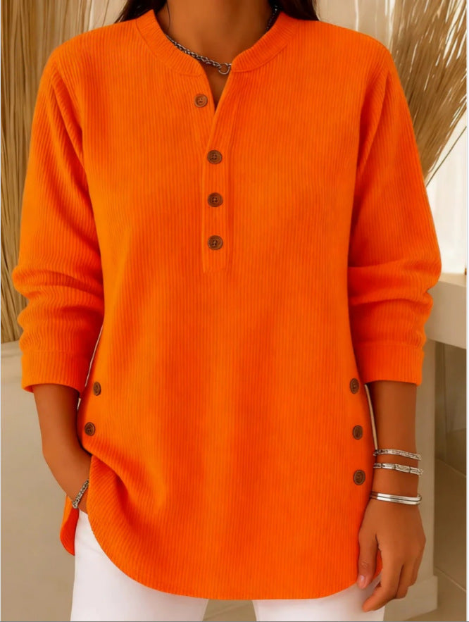 Women's Ribbed Tunic Top - Henley-Neck Long-Sleeve Shirt