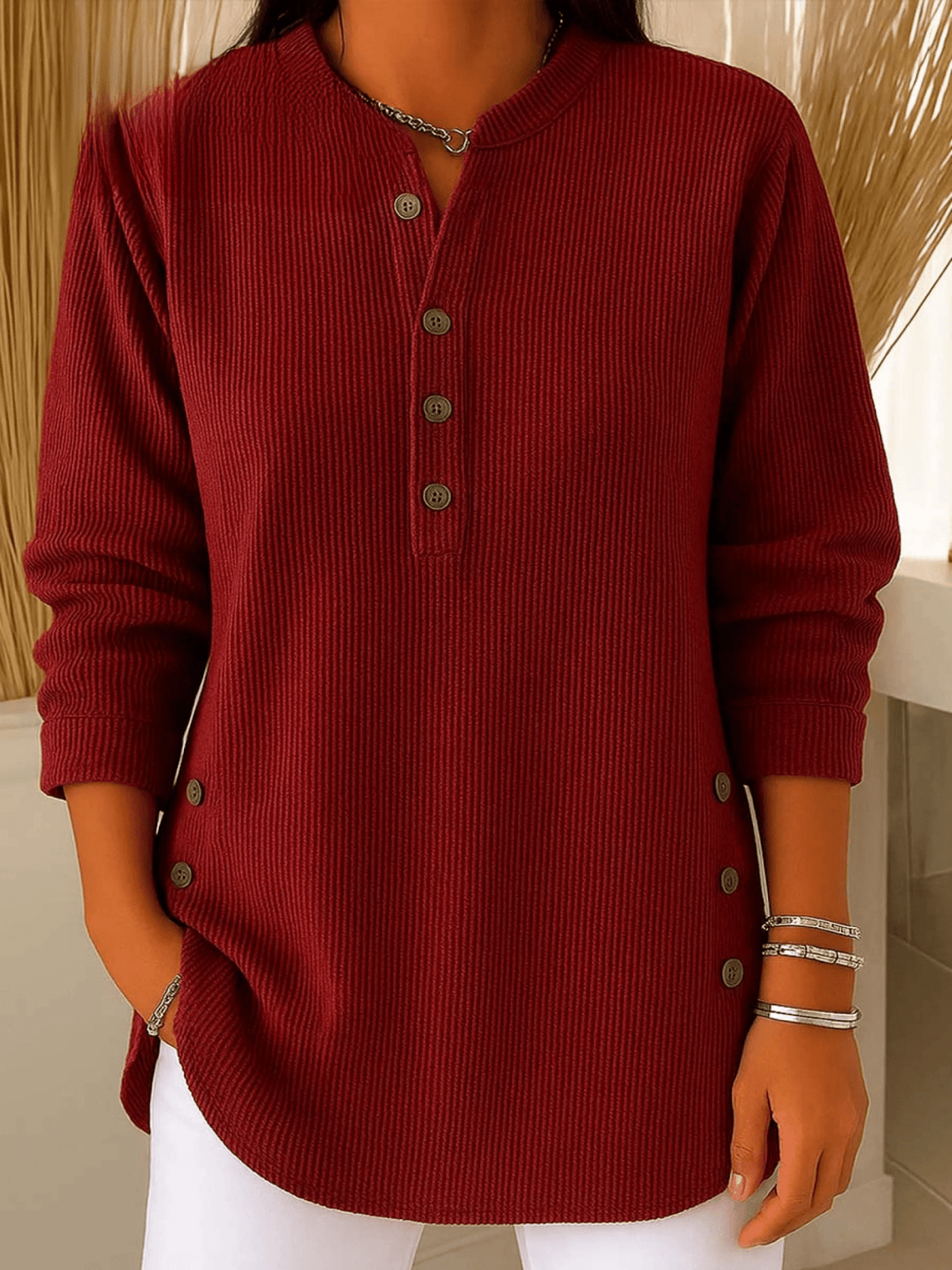 Women's Ribbed Tunic Top - Henley-Neck Long-Sleeve Shirt