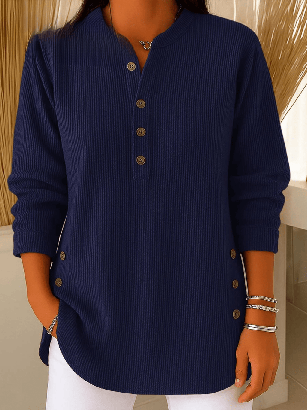 Women's Ribbed Tunic Top - Henley-Neck Long-Sleeve Shirt