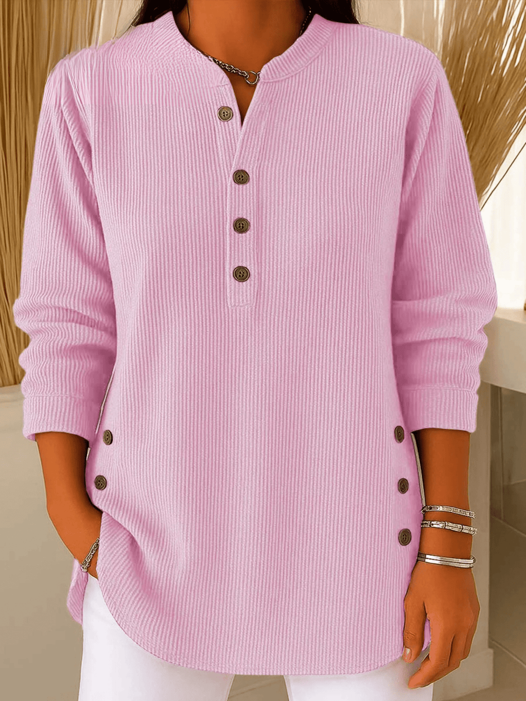 Women's Ribbed Tunic Top - Henley-Neck Long-Sleeve Shirt