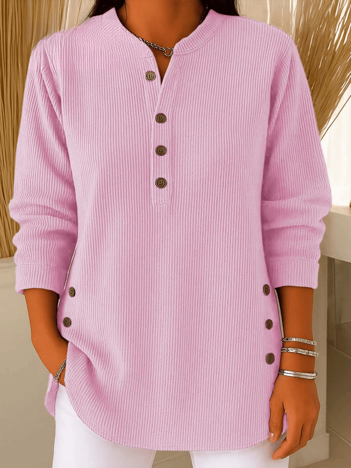 Women's Ribbed Tunic Top - Henley-Neck Long-Sleeve Shirt
