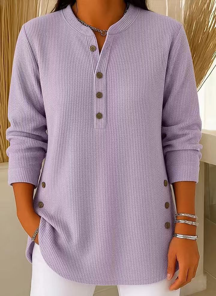 Women's Ribbed Tunic Top - Henley-Neck Long-Sleeve Shirt