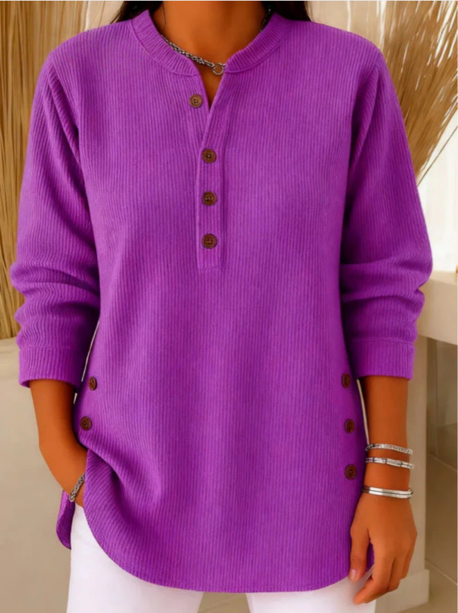 Women's Ribbed Tunic Top - Henley-Neck Long-Sleeve Shirt