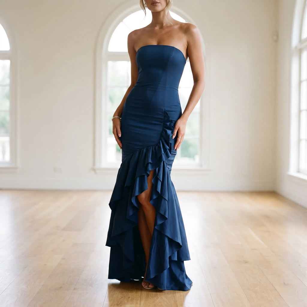 Rufflira - Strapless Asymmetrical Ruffle Maxi Dress