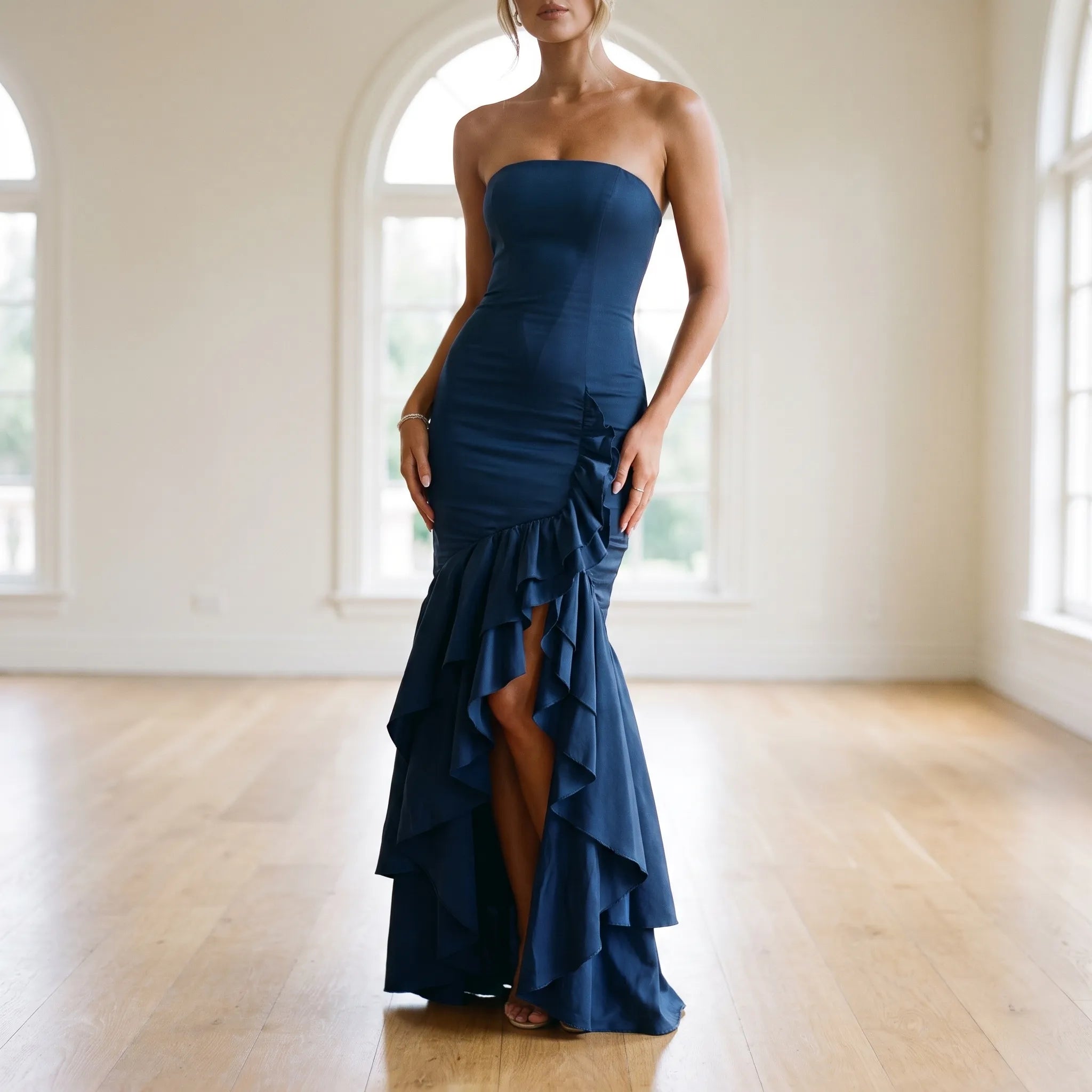 Rufflira - Strapless Asymmetrical Ruffle Maxi Dress