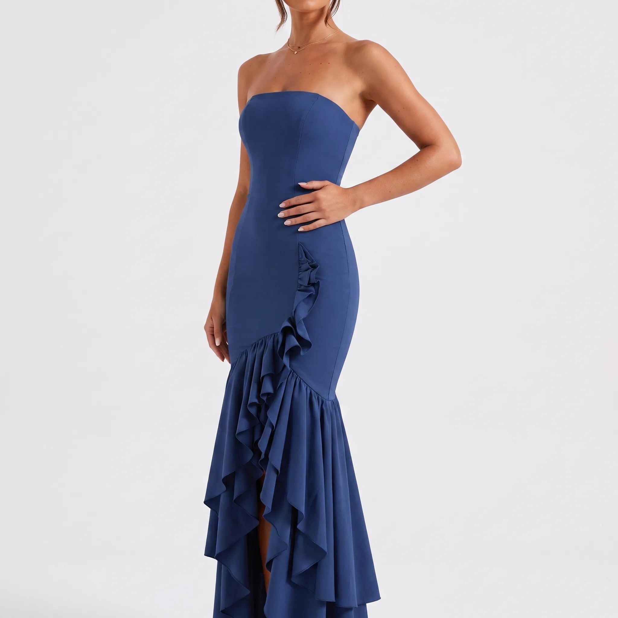 Rufflira - Strapless Asymmetrical Ruffle Maxi Dress