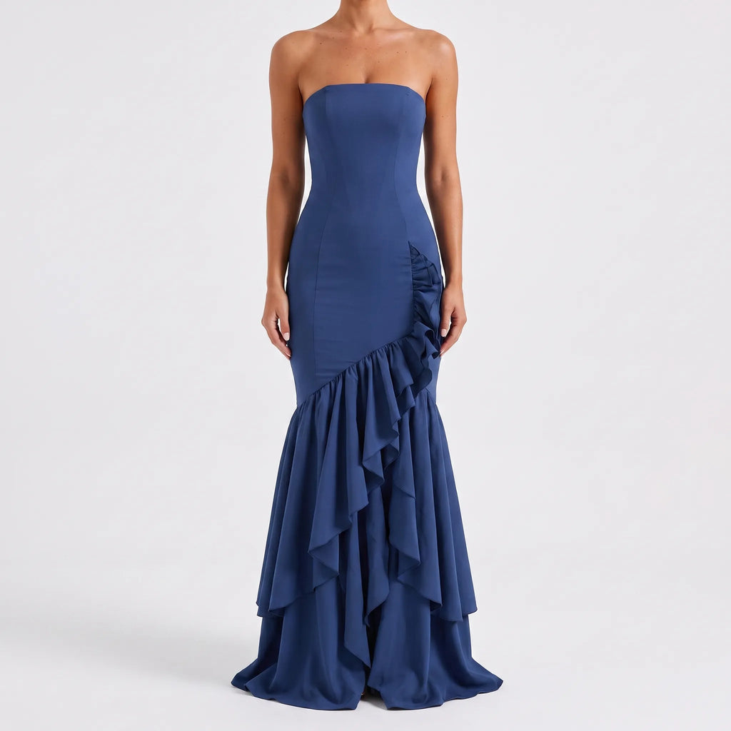 Rufflira - Strapless Asymmetrical Ruffle Maxi Dress