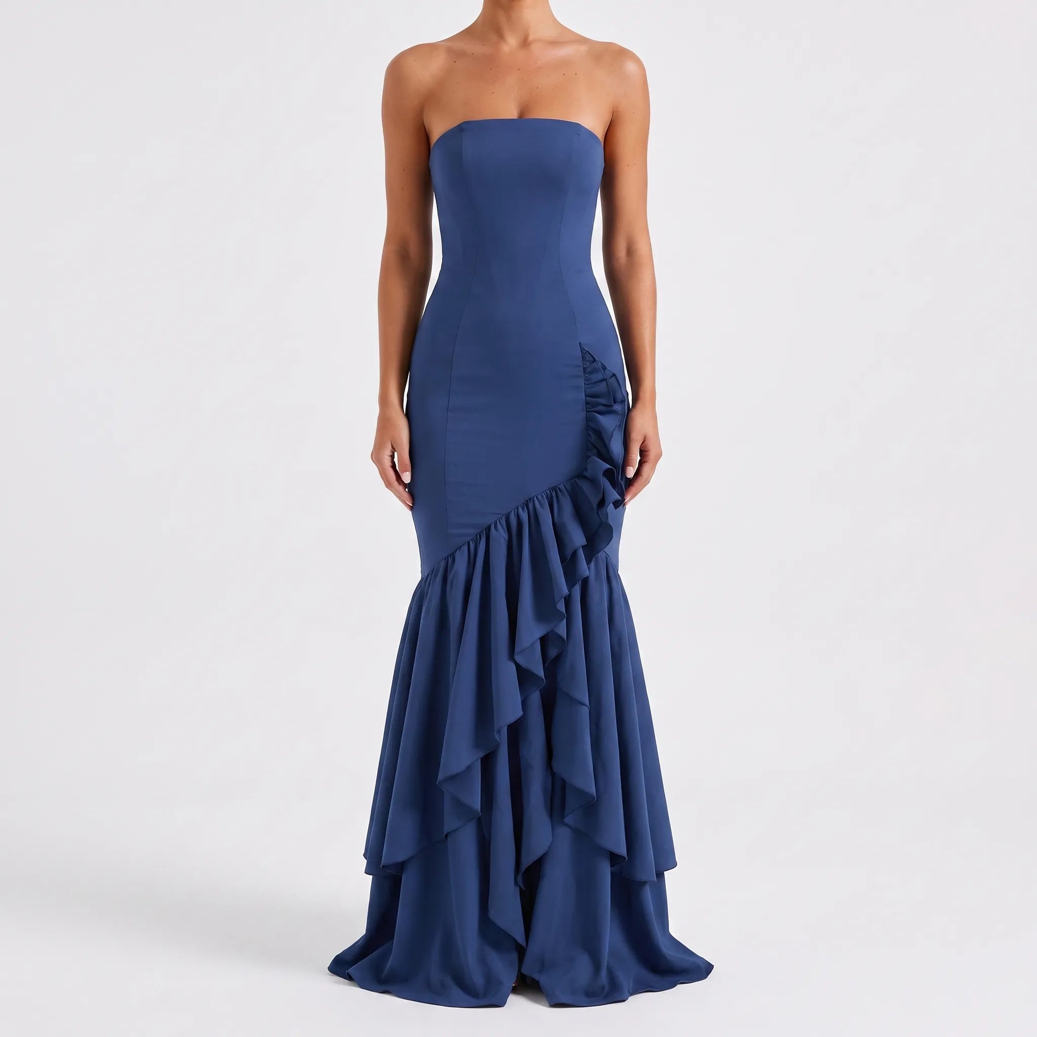 Rufflira - Strapless Asymmetrical Ruffle Maxi Dress