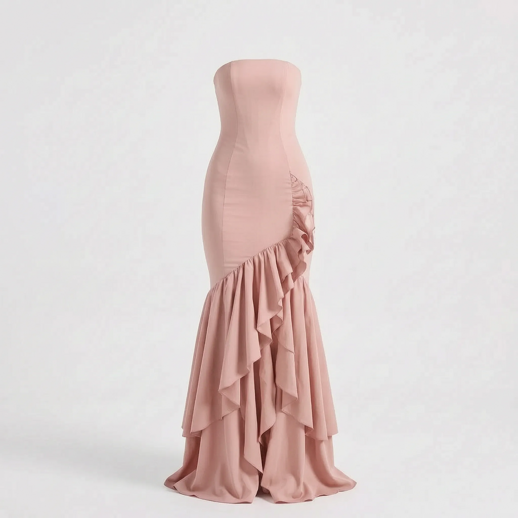 Rufflira - Strapless Asymmetrical Ruffle Maxi Dress
