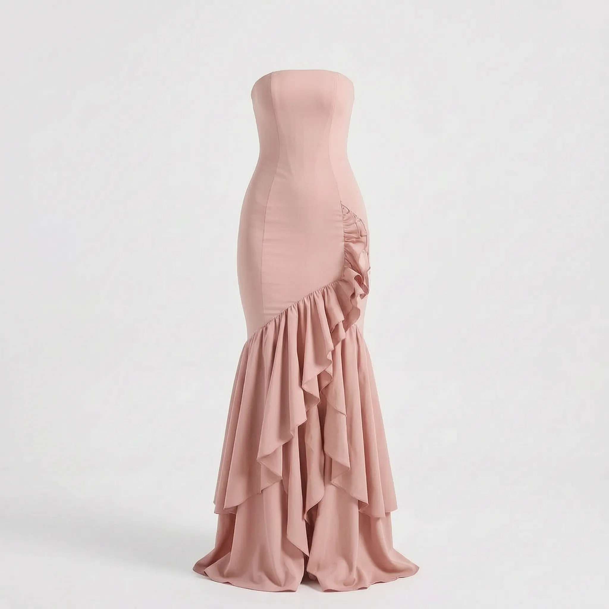 Rufflira - Strapless Asymmetrical Ruffle Maxi Dress