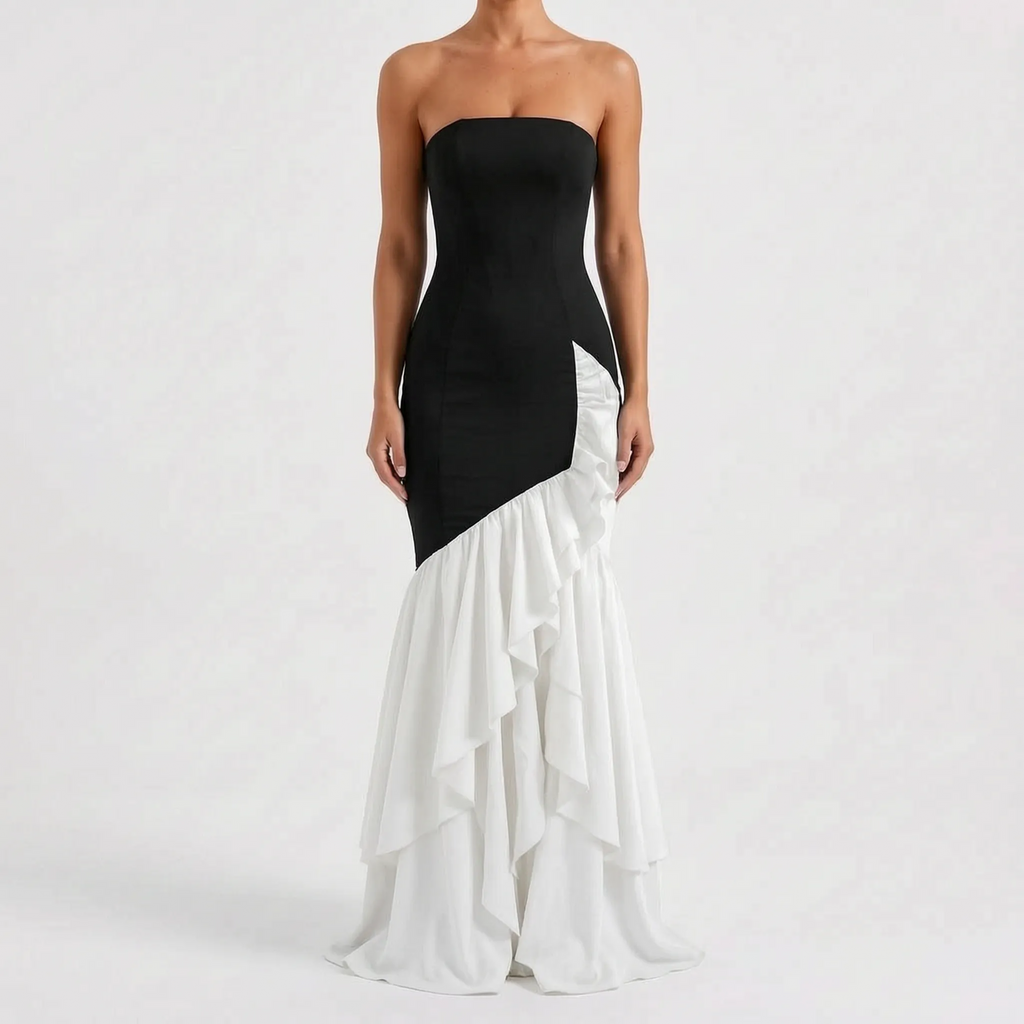 Rufflira - Strapless Asymmetrical Ruffle Maxi Dress