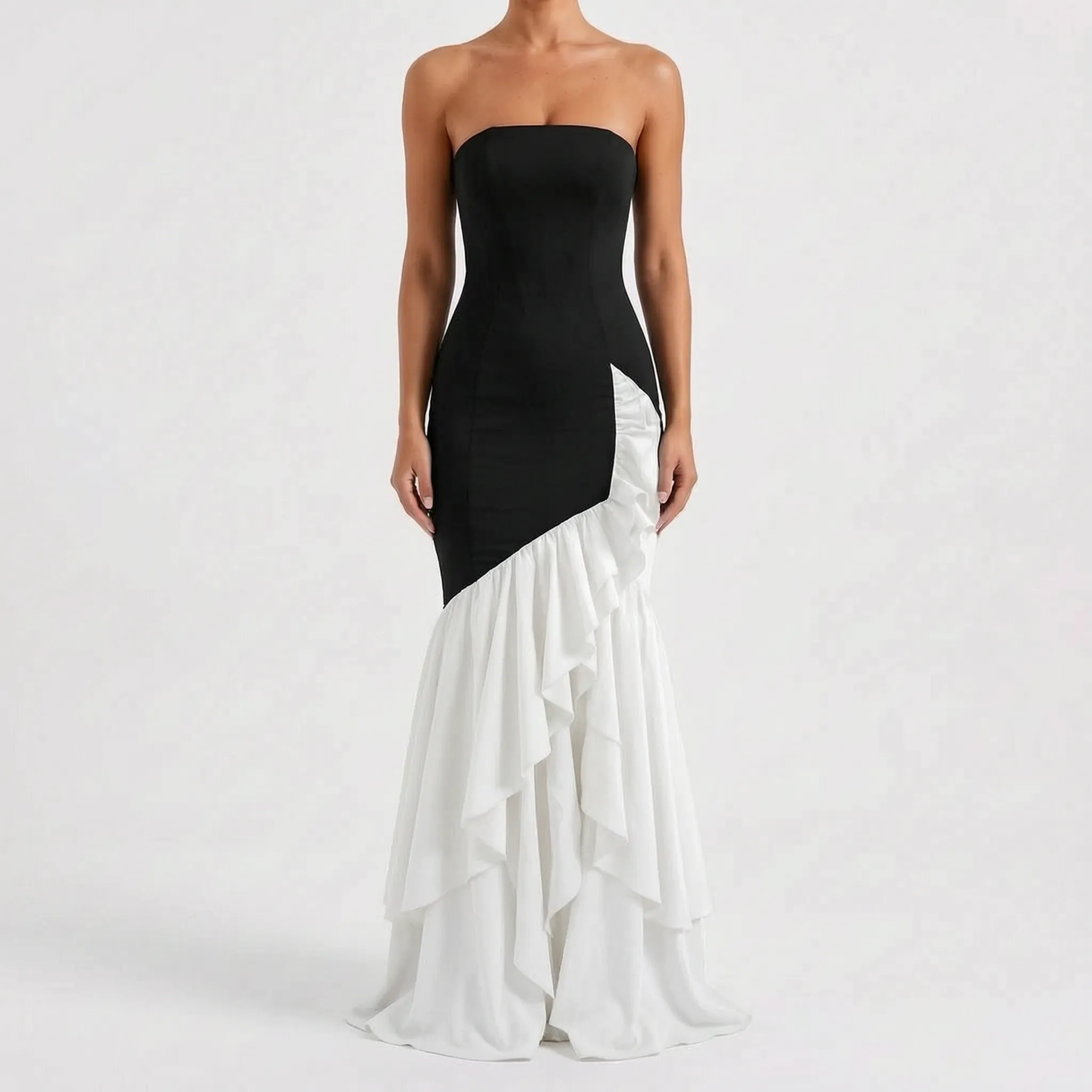 Rufflira - Strapless Asymmetrical Ruffle Maxi Dress