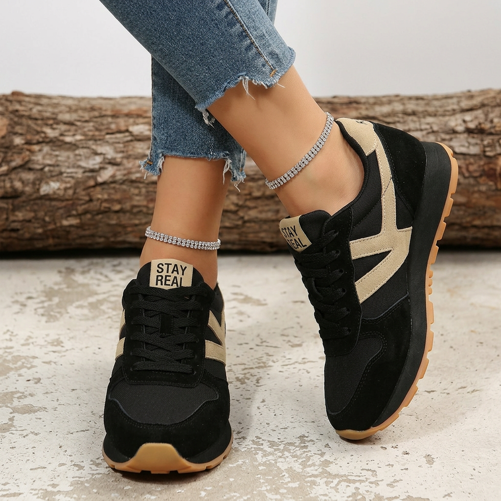 Women's Retro Trainers - Colour-Panel Lace-Up Shoes