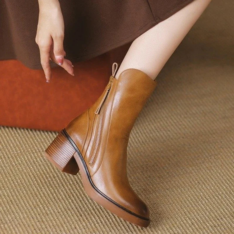 Women's Tassel-Zip Ankle Boots- Block Heel and Rounded Toe