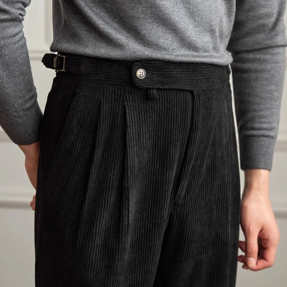 Men's Corduroy Trousers- Pleated High-Waist Straight Leg