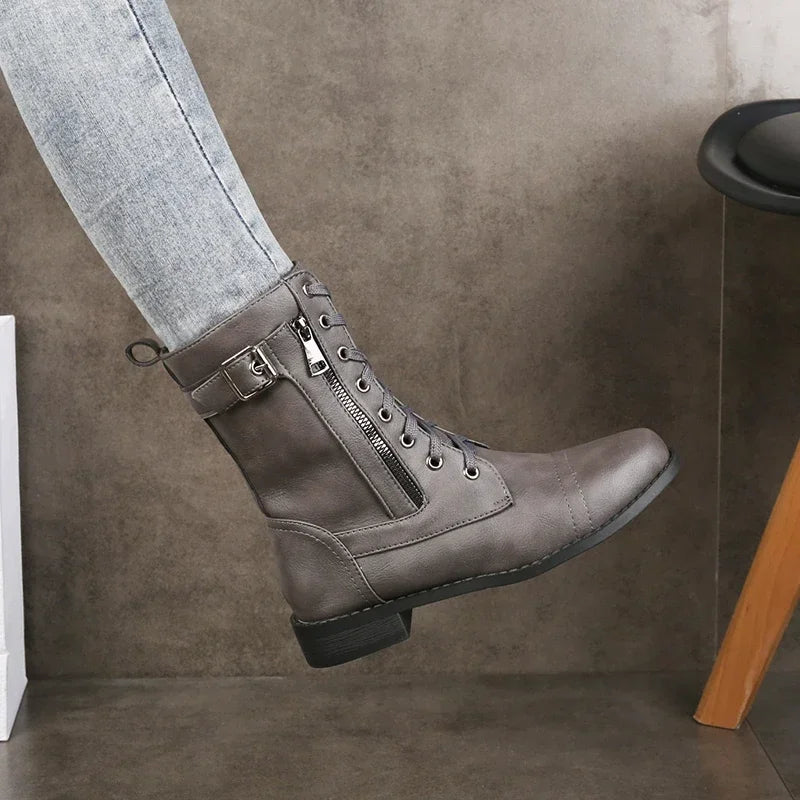 Women's Lace-Up Mid-Calf Boots- Buckle Straps and Side Zip