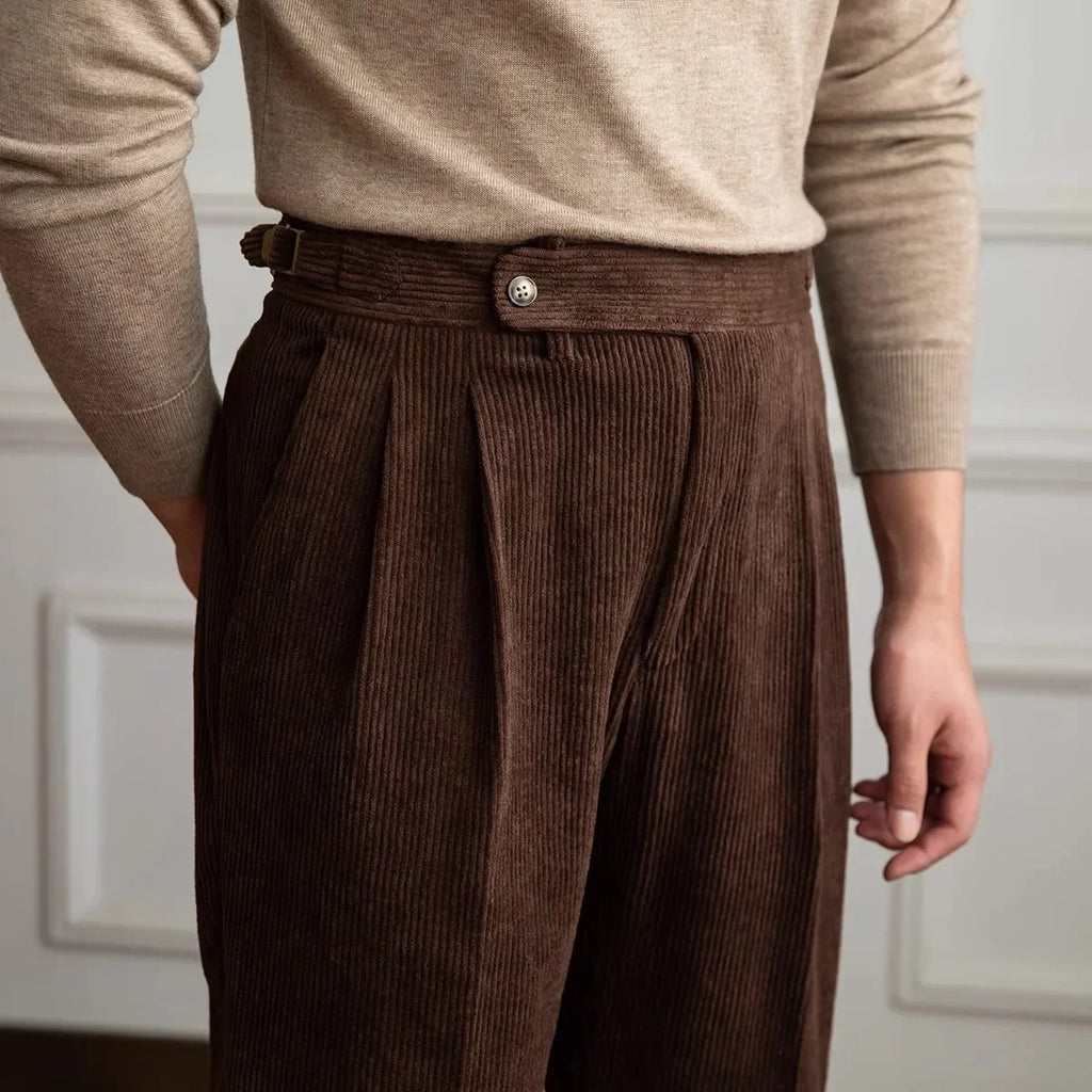Men's Corduroy Trousers- Pleated High-Waist Straight Leg