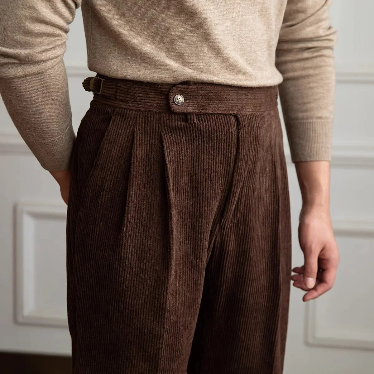 Men's Corduroy Trousers- Pleated High-Waist Straight Leg