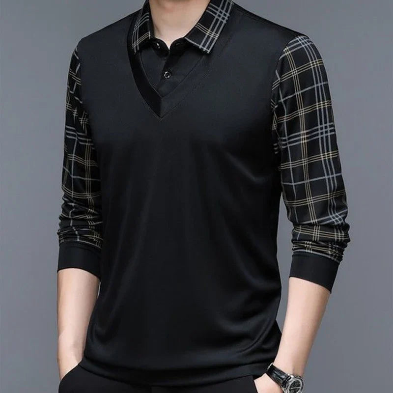 Men's Long-Sleeve Polo Shirt - Contrast-Collar Top