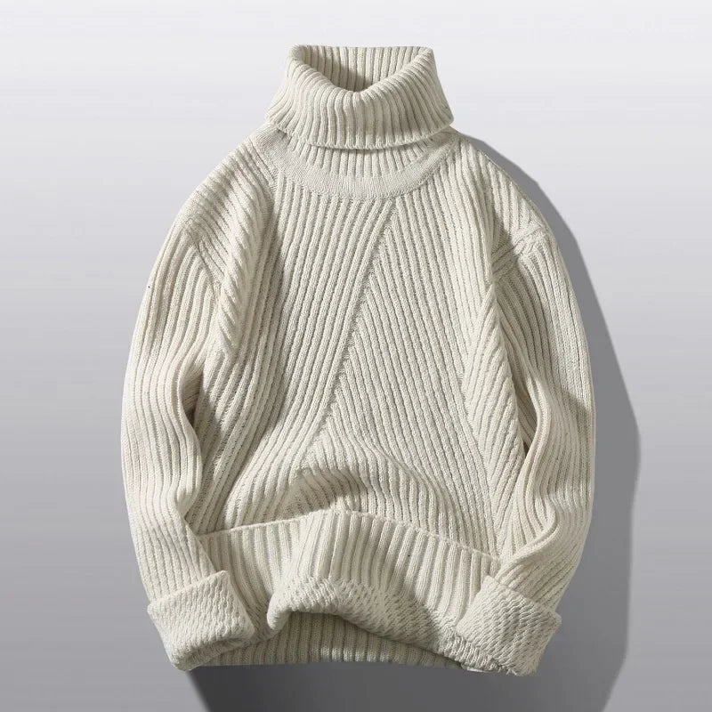 Men's Roll-Neck Jumper- Chunky Ribbed Knit