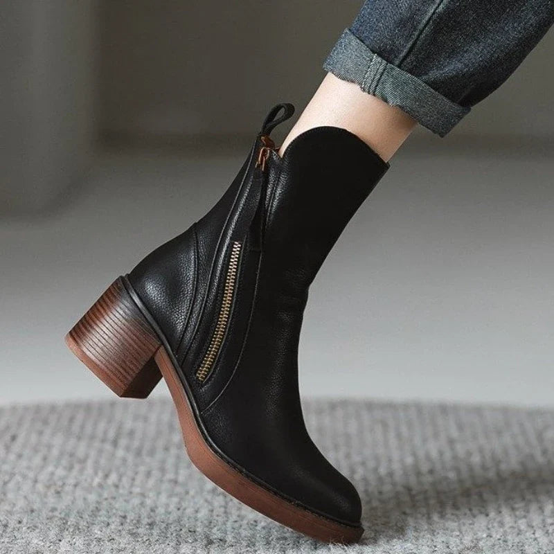 Women's Tassel-Zip Ankle Boots- Block Heel and Rounded Toe