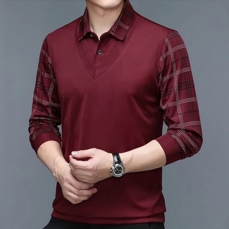 Men's Long-Sleeve Polo Shirt - Contrast-Collar Top