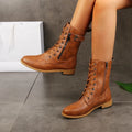 Women's Lace-Up Mid-Calf Boots- Buckle Straps and Side Zip