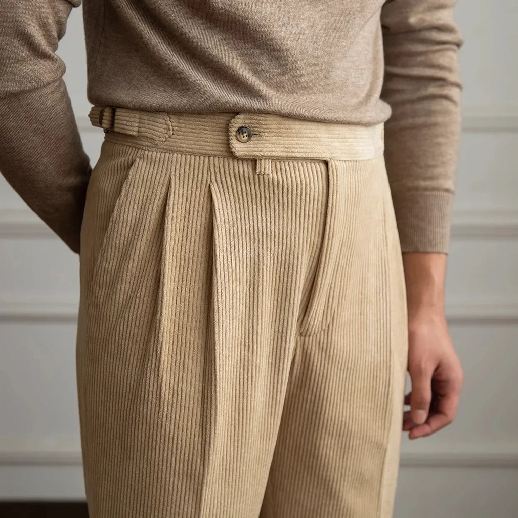 Men's Corduroy Trousers- Pleated High-Waist Straight Leg