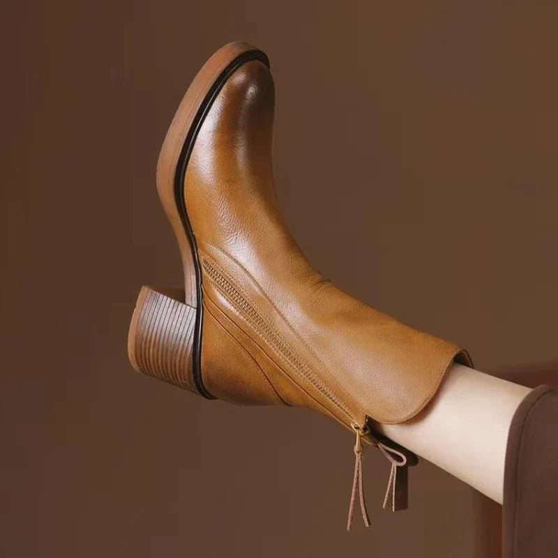 Women's Tassel-Zip Ankle Boots- Block Heel and Rounded Toe