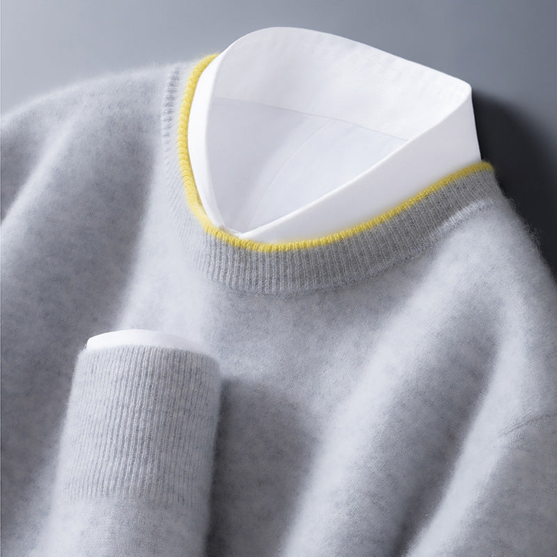 Men's Knit Sweater - Crew-Neck Contrast Trim Jumper