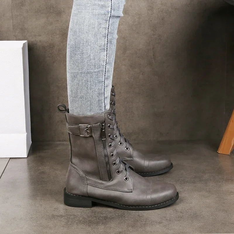 Women's Lace-Up Mid-Calf Boots- Buckle Straps and Side Zip