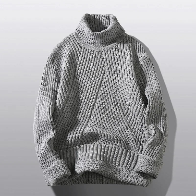 Men's Roll-Neck Jumper- Chunky Ribbed Knit