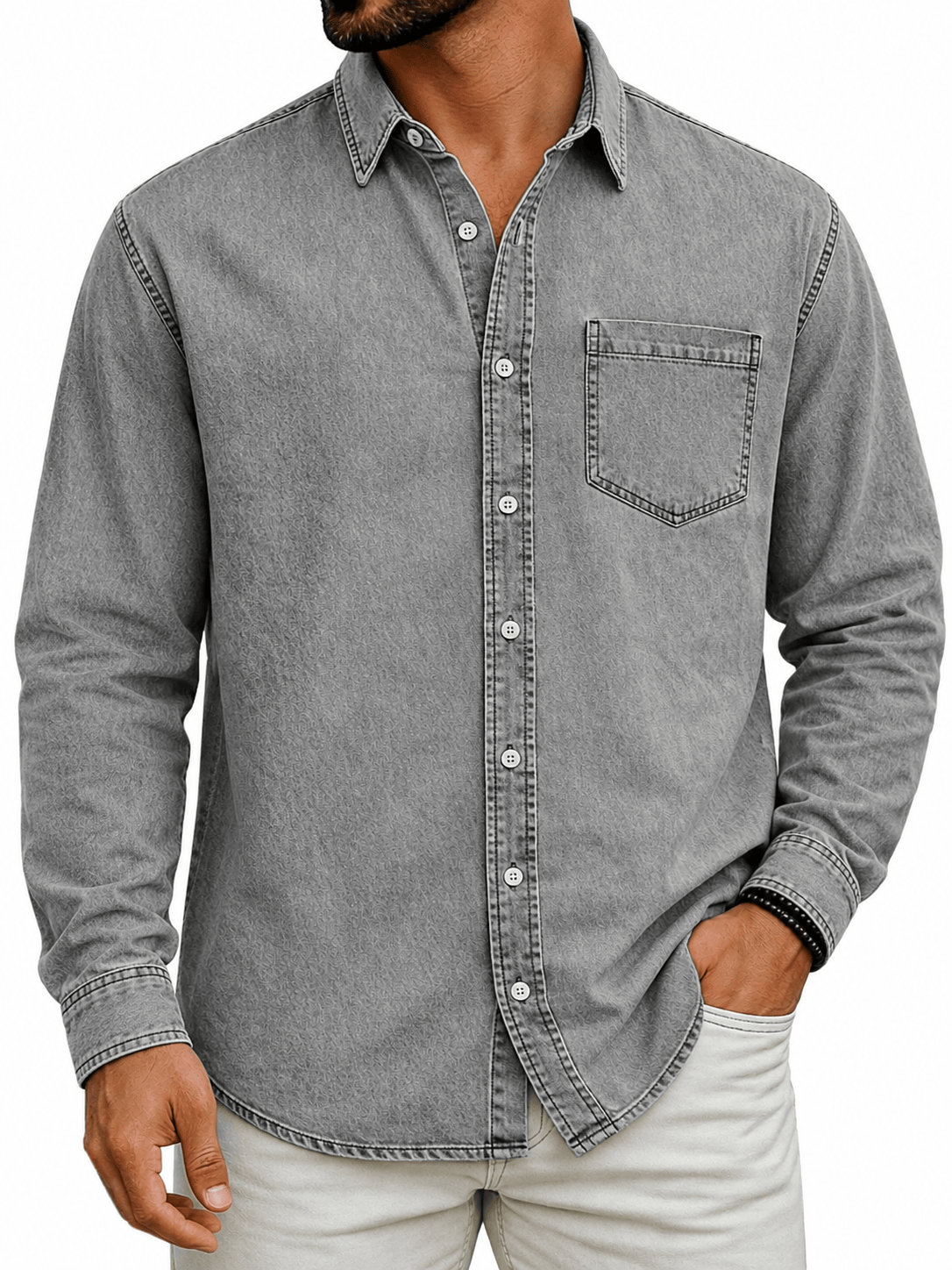Men's Denim Shirt- Spread Collar and Chest Pocket