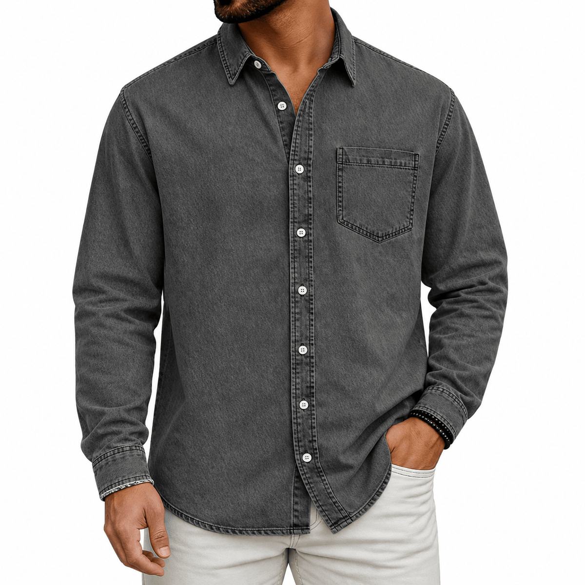 Men's Denim Shirt- Spread Collar and Chest Pocket