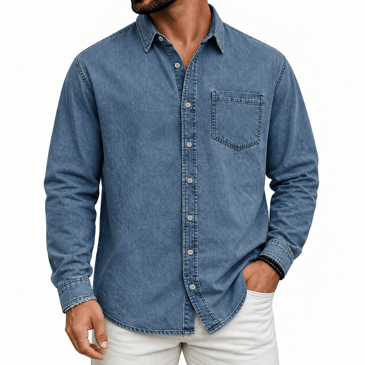 Men's Denim Shirt- Spread Collar and Chest Pocket
