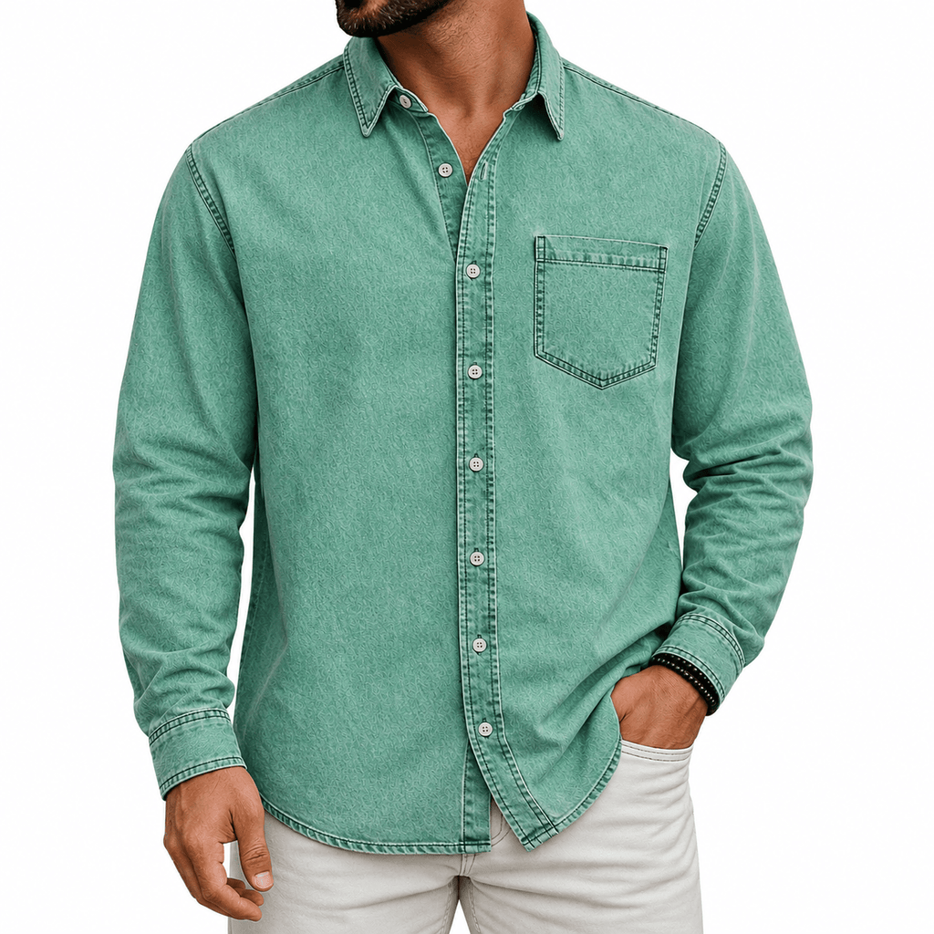 Men's Denim Shirt- Spread Collar and Chest Pocket
