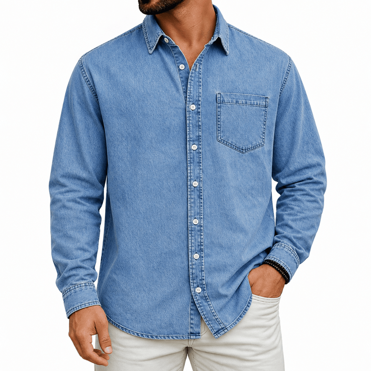 Men's Denim Shirt- Spread Collar and Chest Pocket