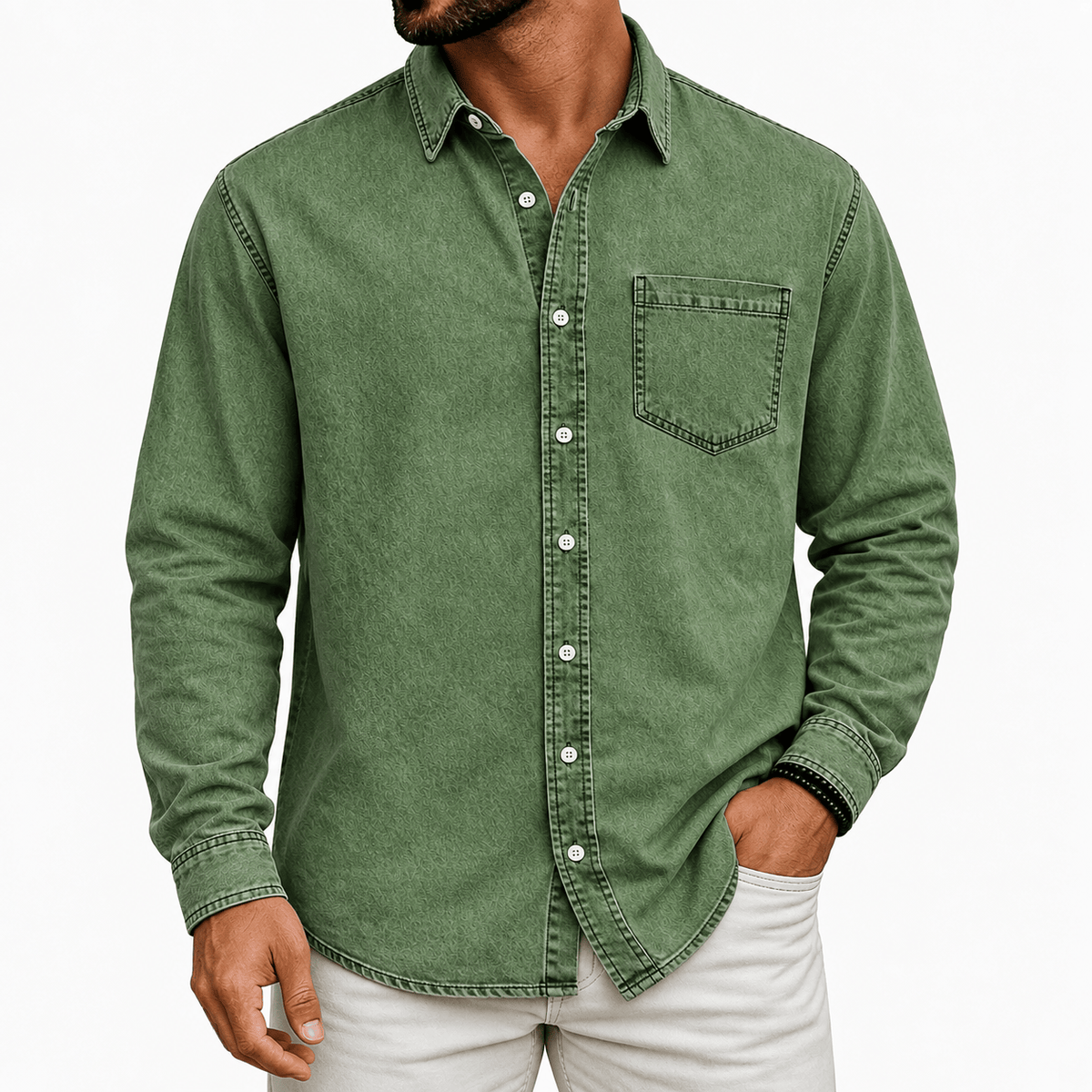Men's Denim Shirt- Spread Collar and Chest Pocket