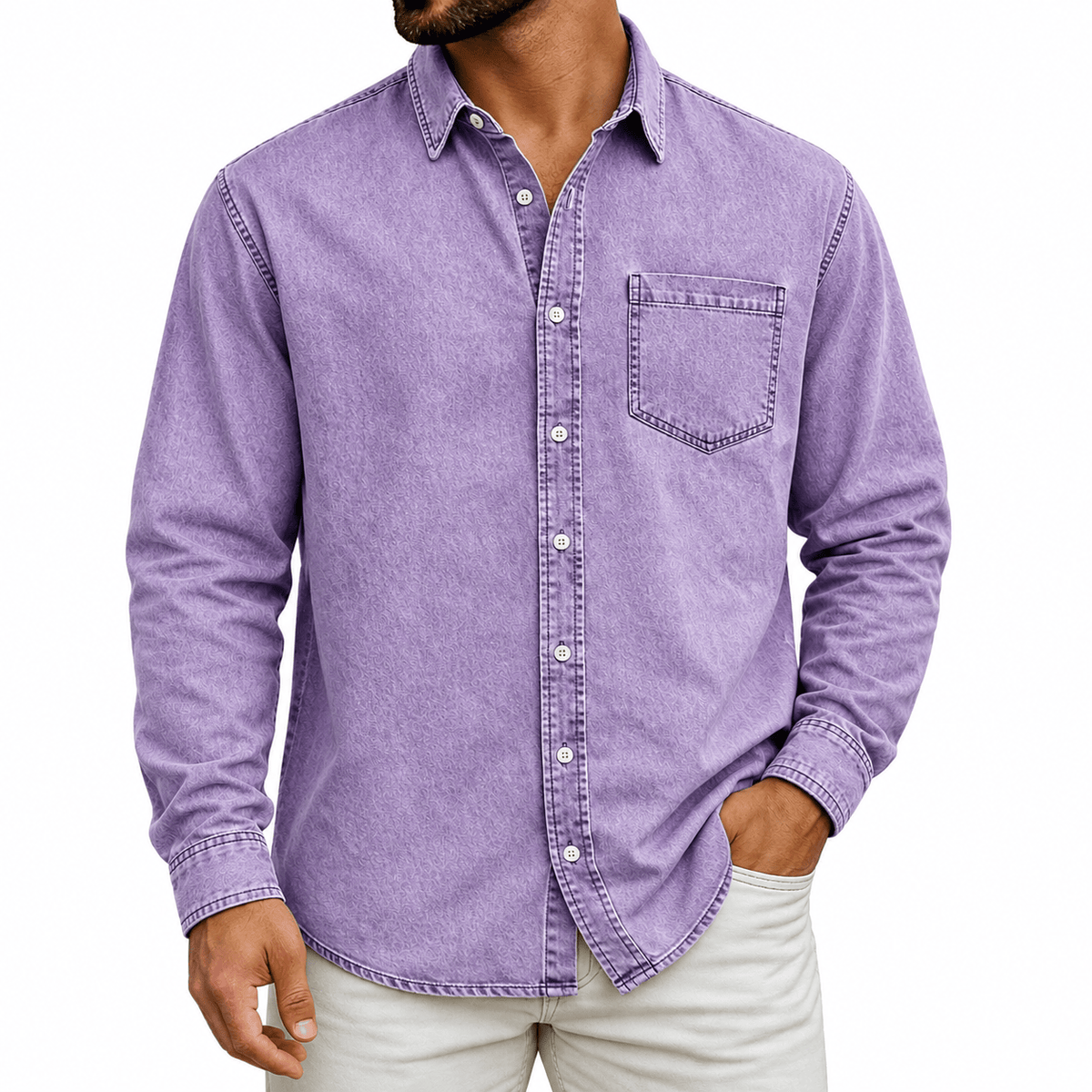 Men's Denim Shirt- Spread Collar and Chest Pocket
