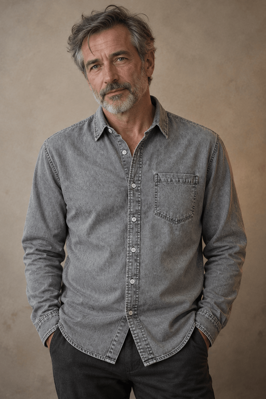 Men's Denim Shirt- Spread Collar and Chest Pocket