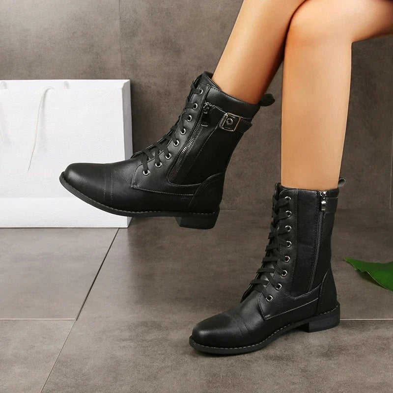 Women's Lace-Up Mid-Calf Boots- Buckle Straps and Side Zip